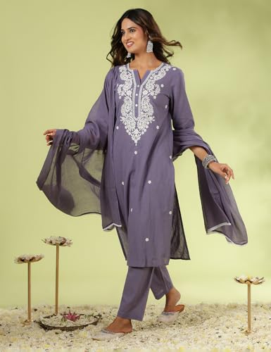 Image of Kaari Chikankari Embroidered Kurta Set for Women- 100% Cotton | Yoke Detailing | Three Piece Kurta Set with Dupatta | Sleeve