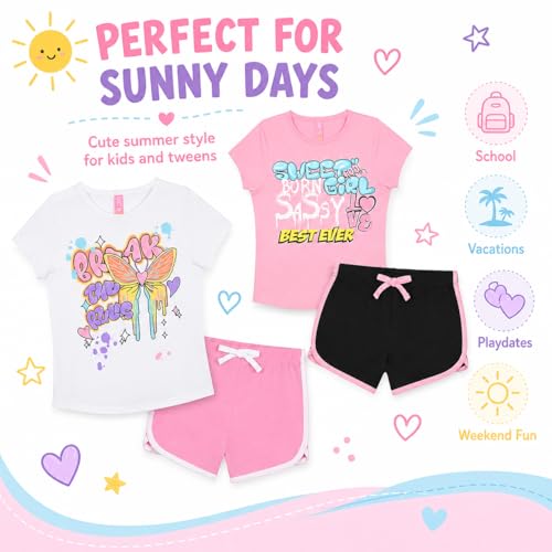 Image of Dreamstar Girls 4 Piece Outfit Set - Sleeveless Graphic Top with Dolphin Shorts, Cute Summer Matching Set for Kids and Tweens