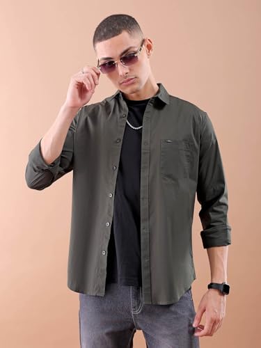 Image of The Indian Garage Co Men's Cotton Slim Fit Solid Full Sleeves Spread Collar Casual Shirt