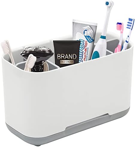 Toothbrush Holder with Drainage, ToyaJeco Multifunctional Electric Toothbrush Storage Organizer Stand Toothpaste Caddy with Anti-Slip Base 2 Adjustable Dividers for Bathroom Vanity Countertop (Grey)