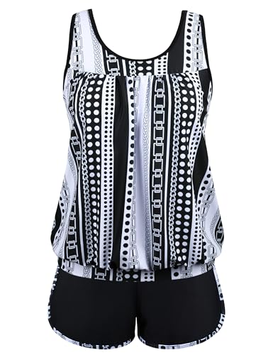 Hilor Womens Relaxed Fit Two Piece Swimsuits with Shorts Modest Bathing Suits Retro Tankini Swimwear Geometric Stripe 2XL/US14-16