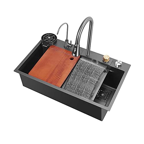 ドロップインキッチンシンク ブラック モダン 304ステンレススチール ユーティリティ ナノ レインダンス ウォーターフォール シングルボウル ファームハウス ワークステーションシンク 手洗い 引き出し式蛇口付き ショップ用