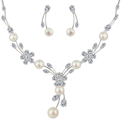EleQueen Women's Cubic Zirconia Simulated Pearl Flower Bridal Necklace Earrings Jewelry Set Ivory Color Silver-Tone
