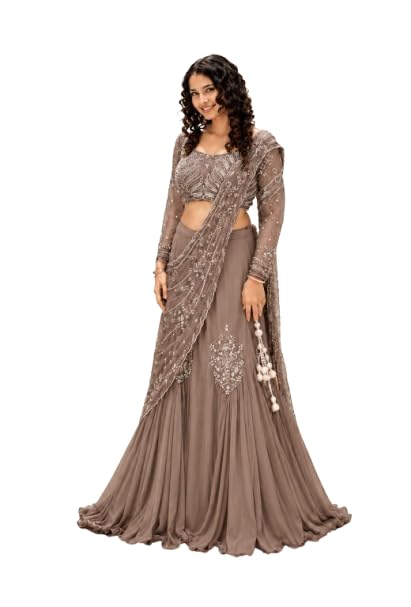 Lehenga Choli For Womens And Girls indo Western Crep Silk Lehenga Set with Fully Stitched Blouse and Embroidered Koti Jacket for Women Brown-image-41