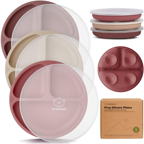 Image of KeaBabies Suction Plates with Lids for Baby - 3-Pack 100% Silicone Toddler Plates with Suction, Divided, BPA-Free Baby Led Weaning Essentials for Kids, Dishwasher, Microwave Safe, Durable (Burgundy)