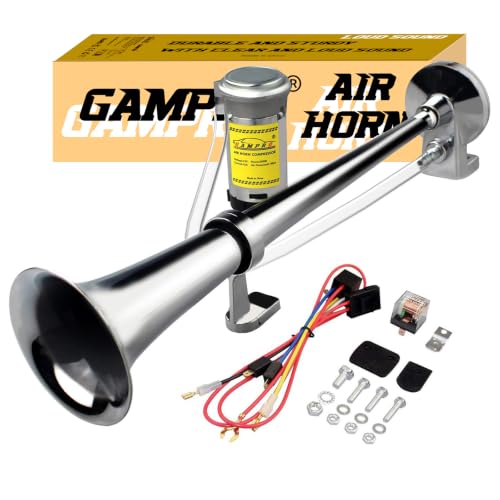 Product Image of the GAMPRO 12V 150DB Car Air Horns, 18 Inches Chrome Zinc Single Trumpet Truck Air Horn with Compressor for Any 12V Vehicles Trucks Lorrys Trains Boats Cars (SILVER)