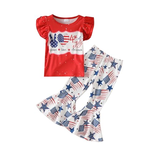 Image of Ayalinggo Fourth Of July Outfit For Kids Girl 4th Of July American Flag Shirt Flare Pant Set Indenpendent Day Summer Clothes