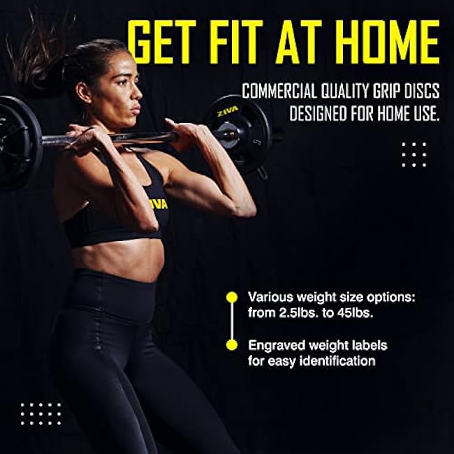 ZIVA Olympic Weight Plate ¨C Premium Urethane-Coated Grip Disc with 2 Stainless Steel Insert and 3-Position Handle ¨C Sold Individually (2.5¨C45 lb) Does not fit Standard Studio Barbell
