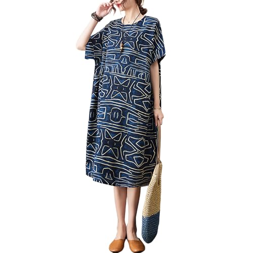 Image of LUZU JUNU Women's Summer Baggy Plus Size Loose Cotton Linen Long Boho Beach Dress with Pockets