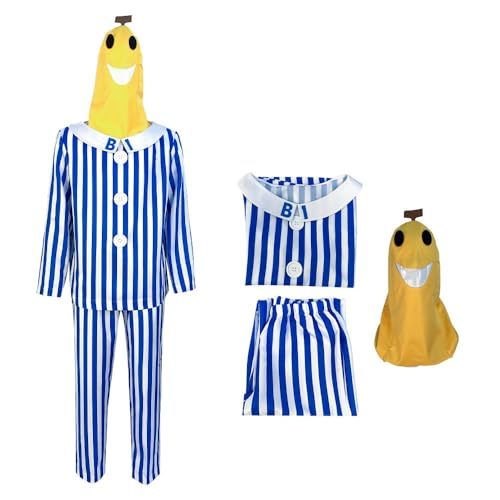 LANYIJINCHENG Halloween cosplay party costumes, Classic Blue and White Striped Pajama Set with Yellow Character Hood, Long Sleeve Top and Pants, Medium
