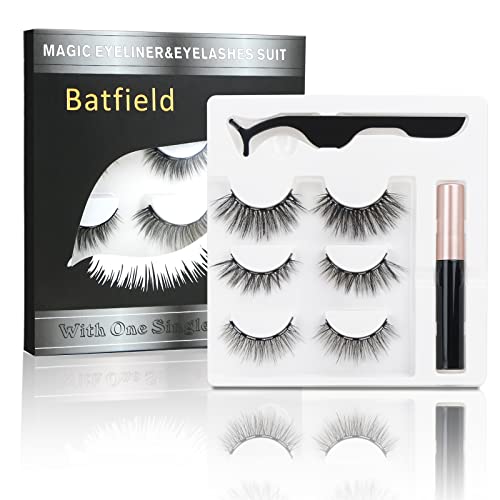Image of Batfield 3 Pairs of False Eyelashes Magnetic with Eyeliner and Tweezer, 3D Natural Mixed Style Magnetic Lashes, Reusable Magnetic Eyelashes for women(Style 1)