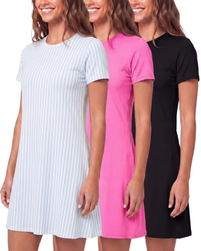 Image of Real Essentials 3 Pack: Women's Short Sleeve T Shirt Dress Swing Loose Casual Lounge Everyday Outfit (Available in Plus)