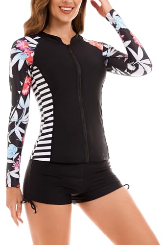SEAUR Women Rash Guard Set Two Piece Long Sleeve Zipper Swimsuit with Boyshorts UV Sun Protection Bathing Suit