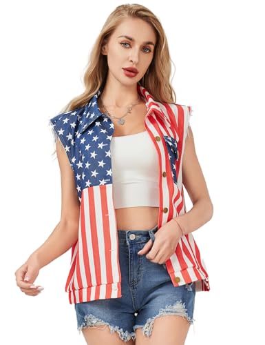 American Flag Vest for Women 4th of July Patriotic Tops Sleeveless Jacket Overalls USA Independence Day Oversized