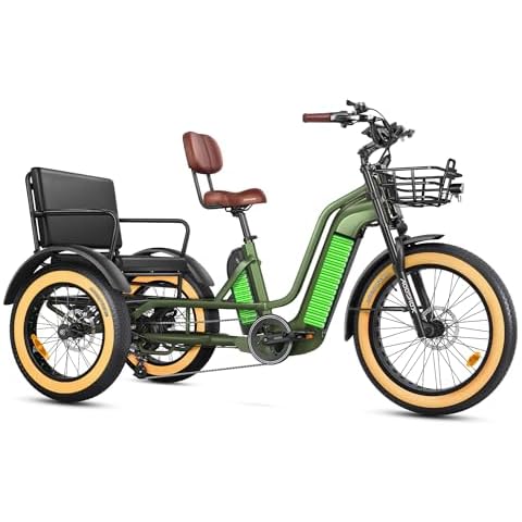 ADDMOTOR Electric Tricycle for Adults, Dual-Battery 2 Seater Electric Trike with Passenger Seat, 750W Rear Motor 130Miles 48V 40AH GREATTAN L Etrike w/Parking Brake, Differential & Seatbelt, Olive Cover