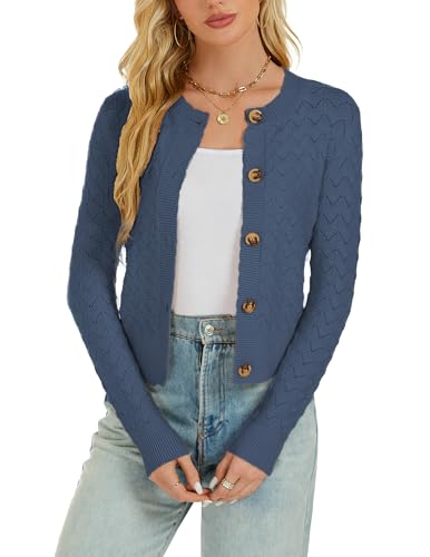 Bolero Mujer Cardigan Corto Hueco Grueso Chaqueta de Punto Manga Larga con Botones Rebecas Cuello Redondo Antiguo Básico Clásico Azul Vaquero L