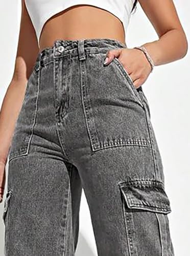 Image of Glossia Fashion High Waist Cargo Denim Jeans for Women Wide Leg Stretchable Straight Fit Jeans(WJ1-1215-$)