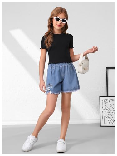 Image of RoseSeek Girl's 3 Packs Graphic Tees Butterfly Embroidery Short Sleeve T Shirt Crewneck Slim Fit Tops