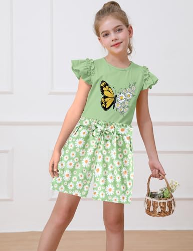 Image of mksodop Girls outfits 2-Piece ruffled short sleeve butterfly floral print high waist floral shorts girls summer clothes