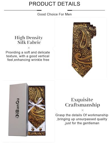 Image of DiBanGu Paisley Ties for Men Silk Necktie and Pocket Square Cufflinks Tie Clip Set Woven Classic Mens Tie for Wedding Party