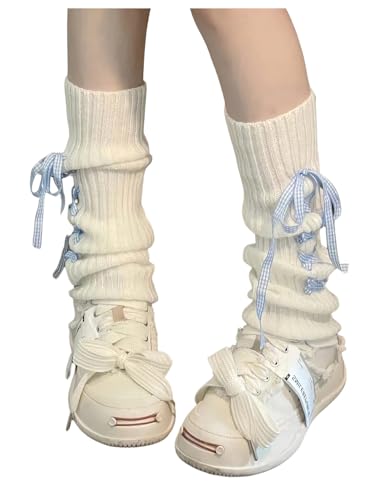 Image of RoseSeek Women's 1 Pair Ribbed Knit Lace Up Bowknot Leg Warmers Y2K Preppy Kawaii Mid Calf Pile Boot Socks