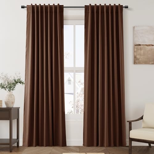 Image of Nanspring Rustic Brown 100% Blackout Linen Curtains 84 Inch Length 2 Panels Set for Bedroom Back Tab Rustic Farmhouse Decor Black Out Curtain for Living Room Office Thermal Insulated Drapes 52x84
