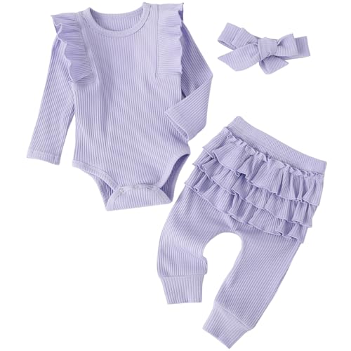 Image of Fullfamous Baby Girl's 3pc Rib Frill Long Sleeve Romper and Pant Set