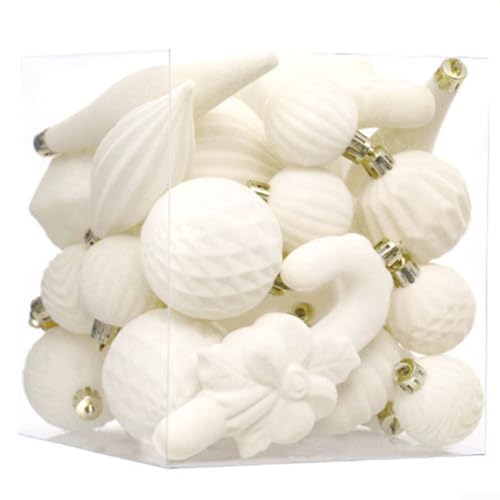 Flocked Ornaments for Christmas Tree Decorations - 28pcs Cream Velvet Ball Ornament for Xmas Holiday Decor - Plastic Shatterproof Christmas Ornaments Bulk (beige)