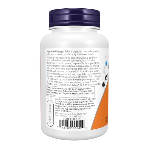 NOW Supplements, Taurine 1,000 mg, Double Strength, Nervous System Health*, 100 Veg Capsules