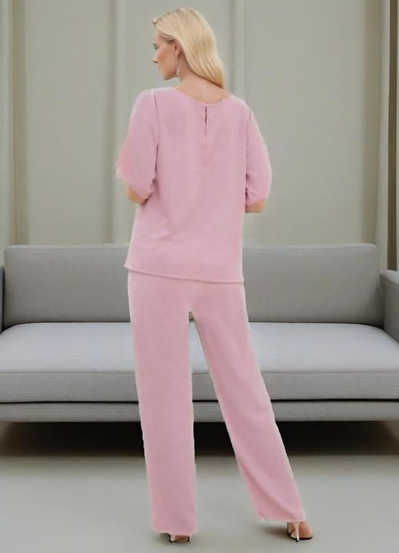2 Piece Mother of The Bride Pant Suits for Women Dressy Layered Chiffon Wedding Guest Pantsuit Outfit with Sleeves2