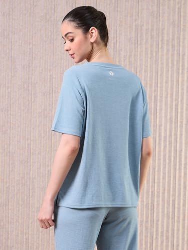Image of TECHNOSPORT Women Relaxed Fit Cubic Melange Round Neck T-Shirt | Quick Dry Polyester Casual Tee with UPF 50+ UV Protection, Anti-Microbial & Double Cool Technology