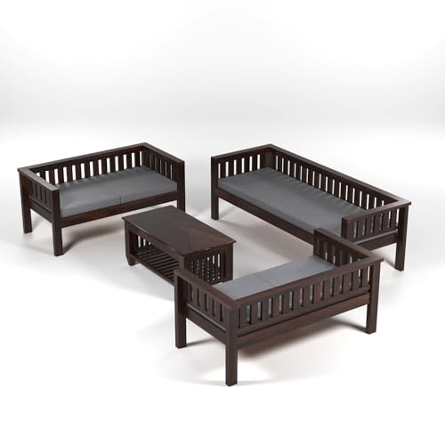 Image of Sheesham Wood 7 Seater Low Height Sofa Set for Living Room Wooden Sofa Set for Living Room Furniture | Grey Cushion (3+2+2 Walnut Finish)