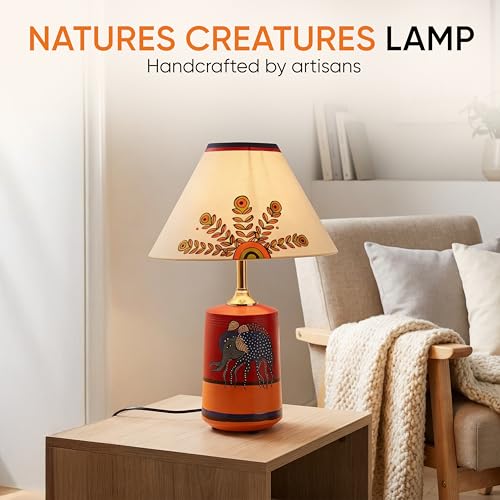 Image of AAKRITI ART CREATIONS Terracotta Table Lamp for Study Room, Bedroom & Living Room Decoration | Madhubani Tree of Life Bedside Lamp with Cotton Fabric Shade | Aesthetic Night Lamp