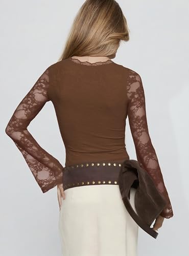 INFITTY Women's Lace Bell Sleeve Crop Tops V-Neck Long Sleeve Shirts Double Lined Slim Fit Blouses Outfits