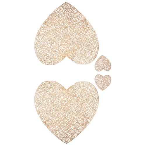 Valentine’s Day Heart Placemats Set of 2 with Coasters, Gold Non-Slip Heat-Resistant Washable PVC Table Mats & Coasters for Wedding, Anniversary, Romantic Dinner Decor