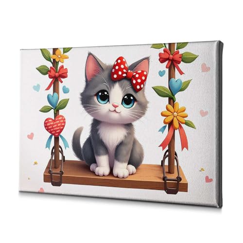 Toile chaton shabby chic 40x60cm décoration murale fleur cœur chat