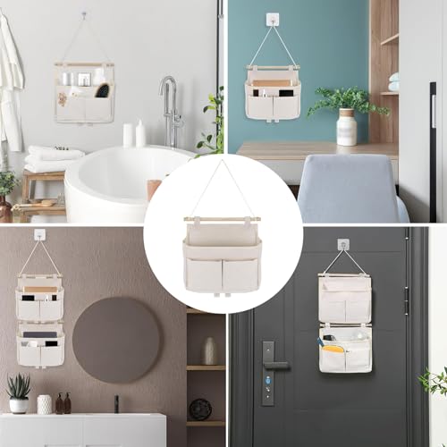 2 Stück Hängeorganizer, Organizer Hängend, Hängende Aufbewahrungstasche, Hängeorganizer Bad, Leinen Wand Organizer Hängend, Wandorganizer, 2 Fächer mit Klebriger Haken, für Home, Office, Bad, Weiß