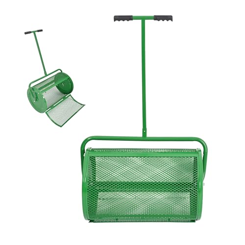 Gelacie 24 in Compost Spreader Peat Moss Spreader T-Shaped Handle for Planting, Seeding Lawn Garden Manure Spreader Roller Green Powder Coated Steel Mesh Basket