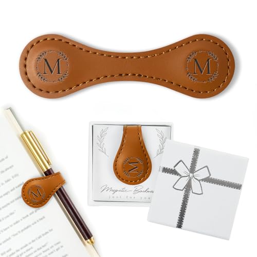 KIKIDWIS Personalized Leather Magnetic Bookmark with Pen Holder Custom Initial Design for ReadersBrown-M