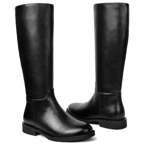 Image of Women's Knee High Boots Flat Round Toe Low Heel Tall Boots Side Zipper Fall Riding Long Boot