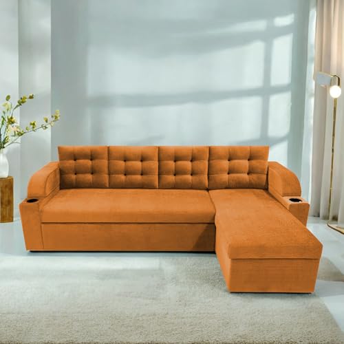 Image of Casaliving Grance RHS 6 Seater Corner Sofa Cum Bed for Living Room with Storage (Orange Fabric) Premium Fabric Sofa Cum Bed