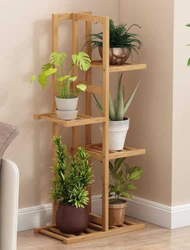 Fiozwea 新作 竹製ガーデニング植木鉢スタンド、床置き式、左右収納付き、バルコニーやリビングルームの装飾に最適。排水性、通気性、防虫性、頑丈性を備え、ポトスや多肉植物の収納に簡単に組み立てられます(サイズはオプション)。 (キャスターなし,4段) [