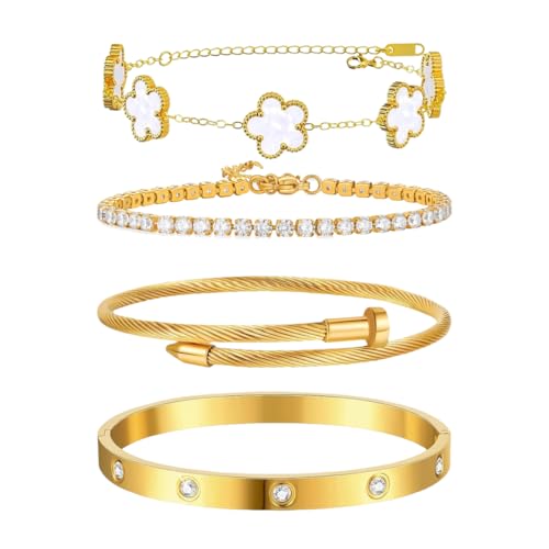 4 Pièces Bracelet Trèfle Femme 18K Plaqué Or Réglable Bracelets en Acier Inoxydable Trèfle à Quatre Feuilles Tennis Bracelet Set avec Zirconia Empilable...