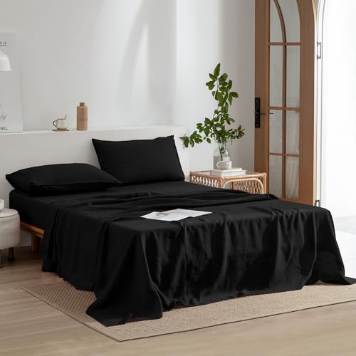 EVERLY Linen Sheets Set King Size,100% French Stonewash Pure Linen Bed Sheets,4Pieces (1Flat Sheet,1Fitted Sheet,2Pillowcase) Suitable for Hot Sleepers,Deep Pocket Natural Bedding Set-Black