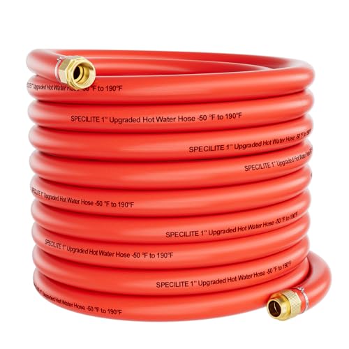 SPECILITE 1 Hot/Cold Garden Water Hose 50ft -50 to 190 High Water Flow Flexible & Lightweight Heavy Duty Rubber Pipe with 1 to 3/4 Brass Adapters for All-weather Outdoor Industrial Farm Red