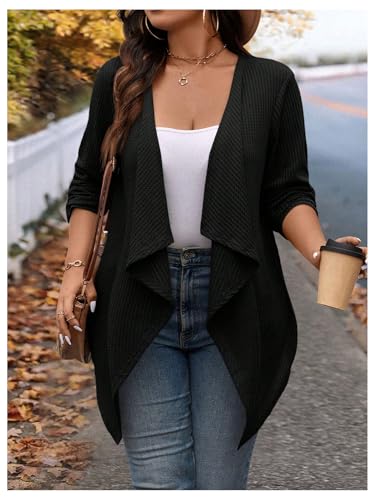 Image of RoseSeek Women's Plus Size Knit Cardigan Asymmetrical Open Front Long Sleeve Casual Knit Sweater Coat Black XX-Large Plus