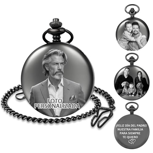 QSZ Reloj de Bolsillo Personalizado con Foto Texto Grabados Reloj de Bolsillo Vintage con Cadena Hombre Abuelo Esposo Hijo Padre Padrinos de Boda (Versión con Imagen Personalizada)