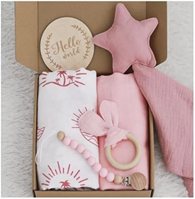 Remi & Rhino Baby Gift Set Newborn Gift Swaddle Blanket Rattle Silicone Pacifier Clip Babygirl Baby Shower Giftset Gift Basket Girl Hospital (Pink)