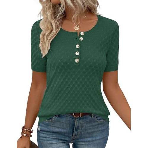 Kistore Womens Short Sleeve Sweater Spring Summer Tops Dressy Casual Lightweight Crewneck Pullover Henley Blouses Green Small