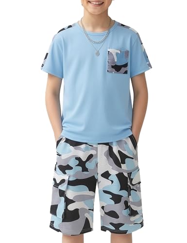Image of mksodopy Boys Summer Outfit Set 2 Piece T Shirt and Camo Shorts Casual Clothes for Little Big Boys 5-16